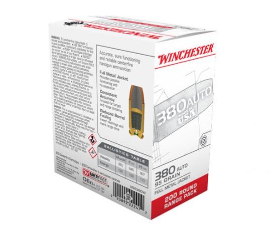 Winchester USA 380 Auto/ACP 95gr FMJ Ammunition, 200 Round Box u2013 USA380W