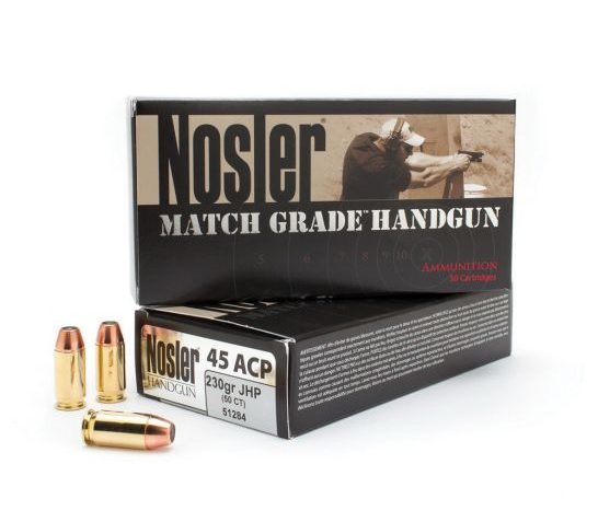 Nosler Match Grade 45 ACP 230 grain Jacketed Hollow Point Handgun Ammo, 50/Box – 51284