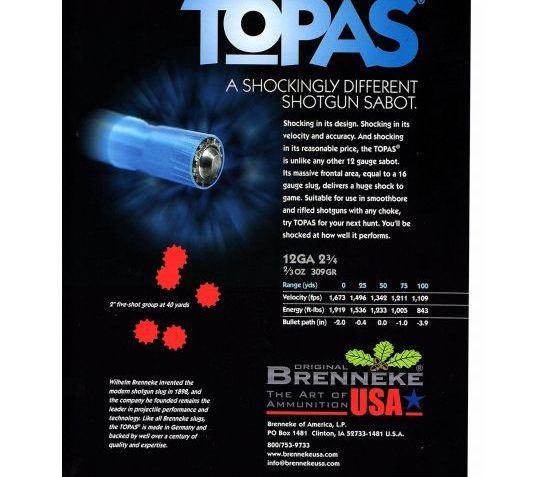 Brenneke USA TOPAS 12 Gauge 2.75" Shotgun Sabot Slug, 5/box – SL-122TOP