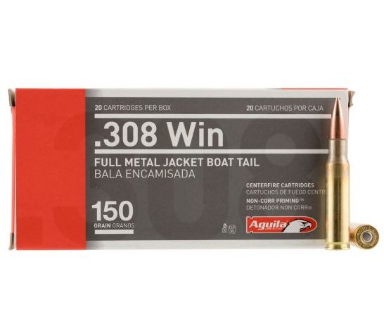 Aguila Centerfire 308 150 grain Full Metal Jacket Boat Tail Rifle Ammo, 20/Box – 1E308110