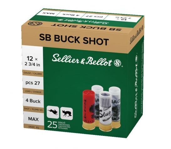 Sellier & Bellot 12ga 2.75" 27 Pellets #4 Buckshot Lead Shotshell Ammunition, 25 Rounds – SB12BSB