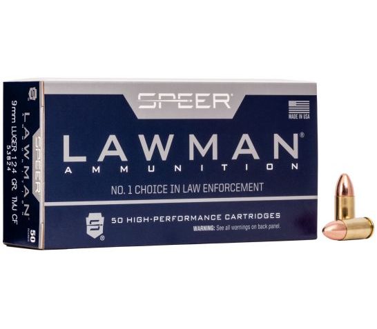 Speer Lawman Clean-Fire Training 124 gr Total Metal Jacket 9mm Ammo, 50/box – 53824