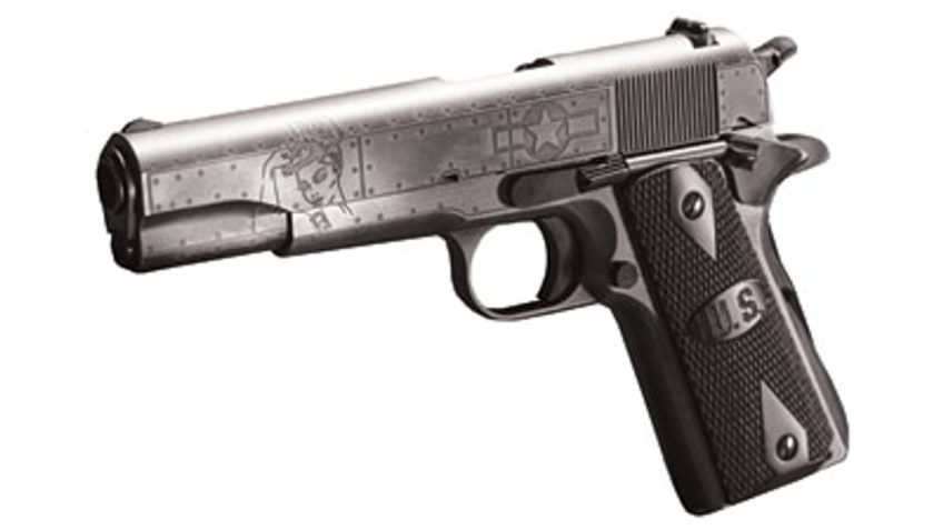 Auto Ordnance, Victory Girls 1911, Full Size Pistol, 45 ACP, 5" Barrel, Steel Frame, Checkered Wood Grips with U.S. Logo, 7Rd, Armor Black and Gunmetal Gray Cerakote Finish