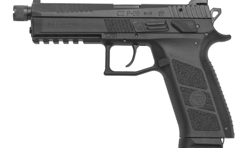 CZ P-09 Suppressor-Ready DA/SA Full Size 9mm, 5.15" Threaded Barrel 1/2X28, Nitride Slide, Black, 3 Backstraps, High Fixed Sights, Swappable Safety/Decocker, 21rd