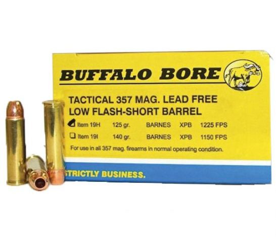 Buffalo Bore 357 Mag 125 grain Barnes XPB Lead-Free Short Barrel Low Flash Handgun Ammo, 20/Box – 19H/20