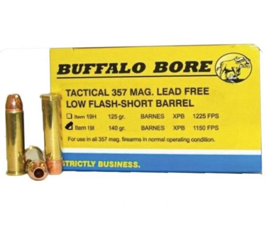 Buffalo Bore 357 Mag 140 grain Barnes XPB Lead-Free Short Barrel Low Flash Handgun Ammo, 20/Box – 19I/20