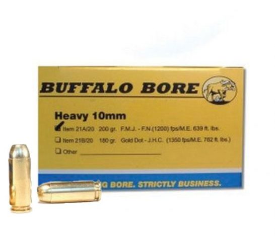 Buffalo Bore Heavy 10mm Auto 200 grain Full Metal Jacket Flat Nose Pistol and Handgun Ammo, 20/Box – 21A/20