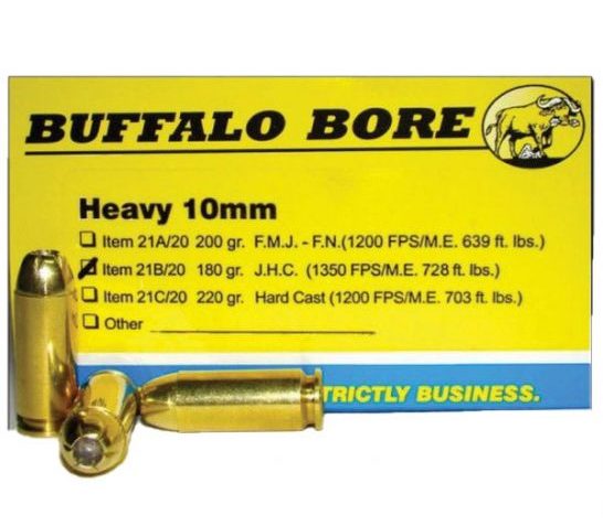 Buffalo Bore Heavy 10mm Auto 180 grain Jacketed Hollow Point Pistol and Handgun Ammo, 20/Box – 21B/20