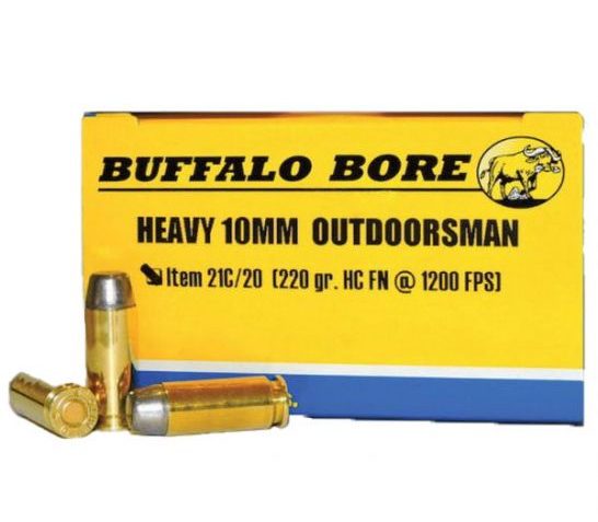 Buffalo Bore Outdoorsman 10mm Auto 220 grain Hard Cast Flat Nose Handgun Ammo, 20/Box – 21C/20