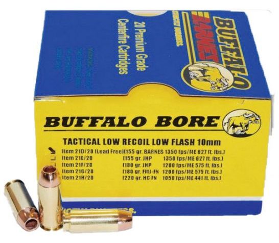 Buffalo Bore 10mm Auto 155 grain Barnes TAC-XP Lead-Free Low Flash Low Recoil Pistol and Handgun Ammo, 20/Box – 21D/20