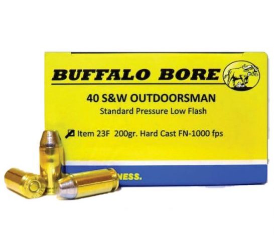 Buffalo Bore Outdoorsman Standard Pressure 40 S&W 200 grain Hard Cast Flat Nose Low Flash Pistol and Handgun Ammo, 20/Box – 23F/20