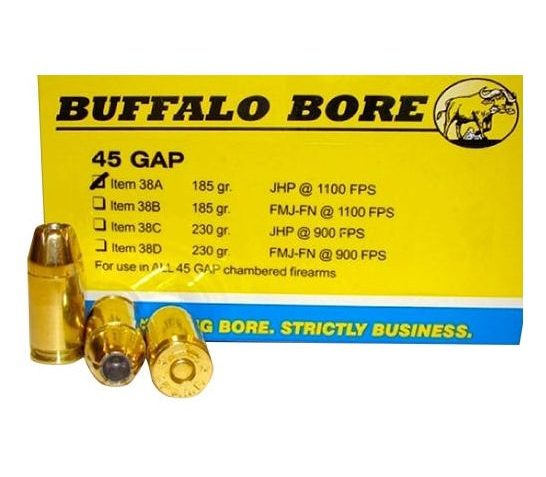 Buffalo Bore 45 GAP 185 grain Jacketed Hollow Point Pistol and Handgun Ammo, 20/Box – 38A/20