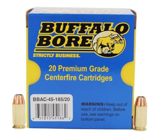 Buffalo Bore 45 ACP +P 185 grain Jacketed Hollow Point Pistol and Handgun Ammo, 20/Box – 45-185/20