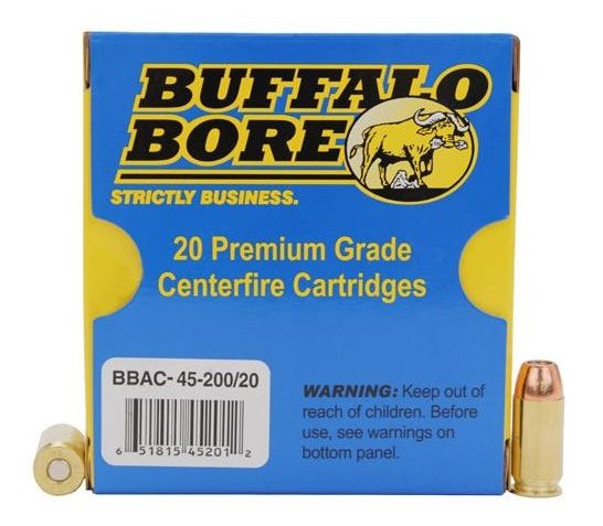 Buffalo Bore 45 ACP +P 200 grain Jacketed Hollow Point Pistol and Handgun Ammo, 20/Box – 45-200/20