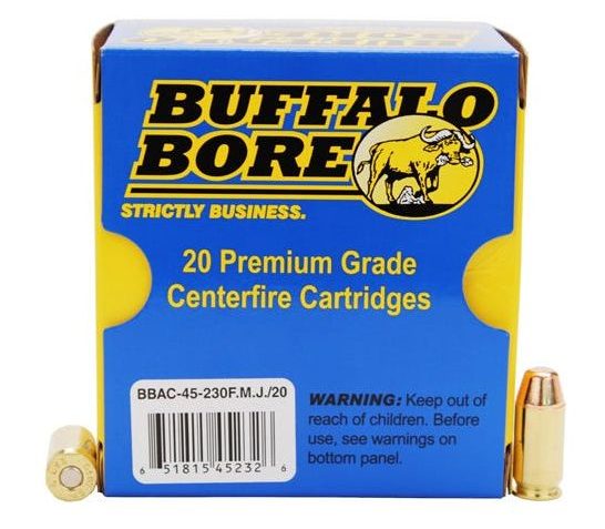 Buffalo Bore 45 ACP +P 230 grain Full Metal Jacket Flat Nose Pistol and Handgun Ammo, 20/Box – 45-230FMJ/20