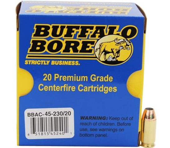 Buffalo Bore 45 ACP +P 230 grain Jacketed Hollow Point Pistol and Handgun Ammo, 20/Box – 45-230/20