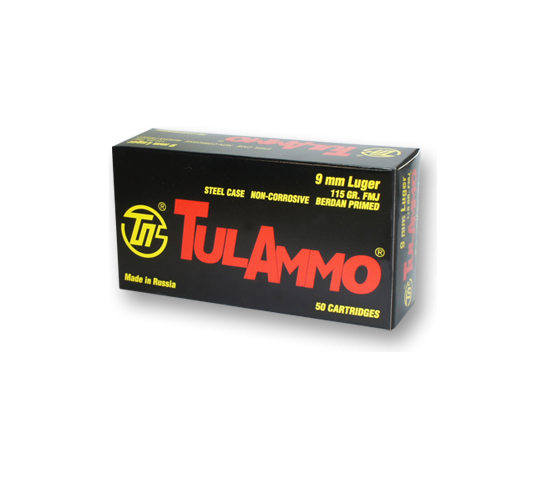 Tula 9mm Ammo 115 Grain FMJ Steel Cased, 50 rds/box – TA919150