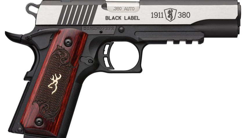 Browning, 1911-380, Black Label Medallion Pro, 380 ACP, 4.25" Barrel, Black and Silver Two-Tone Color, Matte Finish, Composite Frame, Ambi Safety, Laminate Grips, White 3 Dot Sights, 8rd Mags