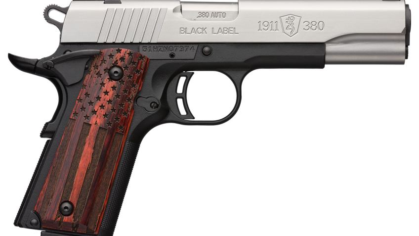 Browning 1911-380 Black Label Pro .380 ACP, 4.25" Barrel, Rosewood US Flag Grip, NS, Black/SS, 8rd