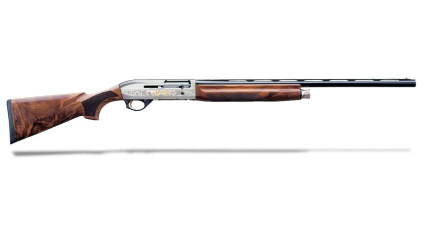 Benelli Montefeltro 20GA 3″ 26″ Silver AA-Grade Satin Walnut, Nickel/blue Etched Game Scenes 4+1 Semi-Auto Shotgun 10855