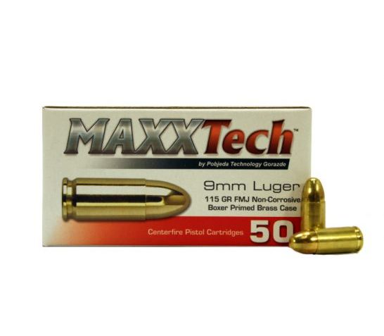 Maxxtech 9mm 115gr FMJ Brass Cased Ammunition 50rds – PTGB9MMB