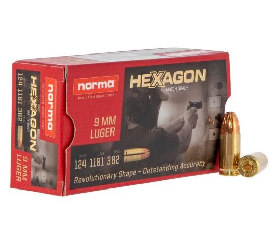 Norma Ammunition 124 gr Hexagon 9mm Ammo, 50/box – 299140050