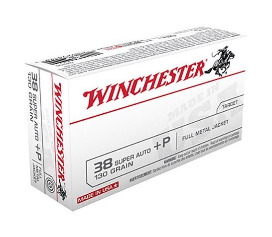 Winchester USA 38 Super Auto+P  **NOT FOR REVOLVERS ** 130gr FMJ Ammunition 50rds – Q4205