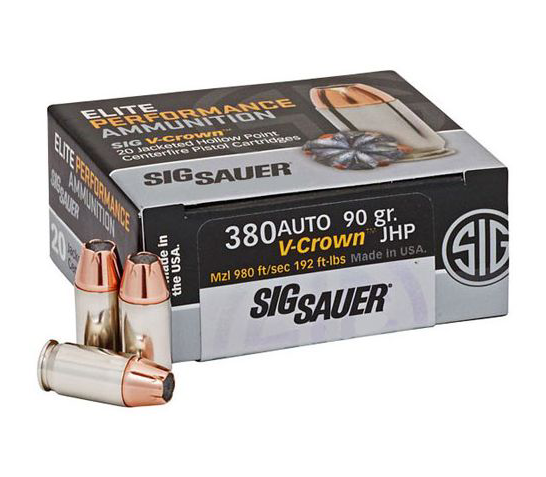 SIG Sauer Elite V-Crown .380 Auto Ammo 90 Grain JHP 20rds – E380A1-365-20