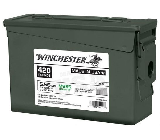 Winchester USA Green Tip 62 gr FMJ M855 5.56×45 Ammunition, 420 Rounds – WM855420CS