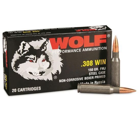 Wolf Steel Case 150 gr FMJ .308 Winchester Ammunition, 20 Rounds – WOLA308WFMJ