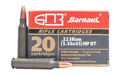 Barnaul Ammunition, 223 Remington, 55Gr, Boat Tail Hollow Point, 20 Round Box, Steel Polycoated Case