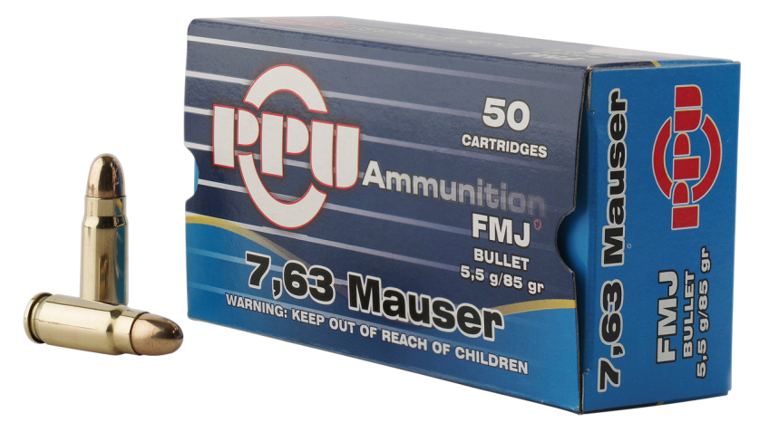 PPU Standard Rifle Brass 7.63x25mm Mauser 85-Grain 50-Rounds FMJ