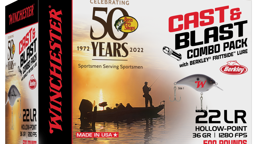 Winchester Bass Pro Shops 50th Anniversary CAST & BLAST 22 LR Ammo and Berkley Frittside Fishing Lure Combo