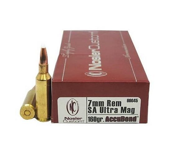 Nosler Trophy Grade 7mm Remington Short Action Ultra Magnum 160 Grain AccuBond Brass Cased Centerfire Rifle Ammo, 20 Rounds, 60045