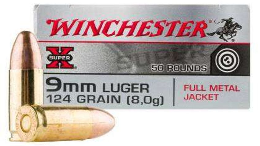 Winchester SUPER-X 9mm Luger 124 Grain Full Metal Jacket Brass Cased Pistol Amm, 50 Rounds, W9MM124