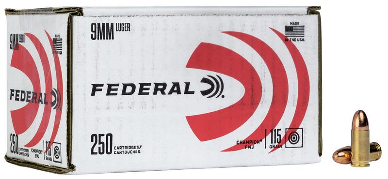 Federal Champion Bulk Ammo Brass 9mm 115 Grain 250-Rounds FMJ