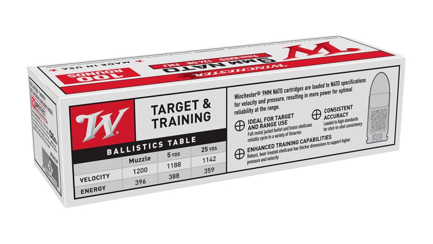 Winchester USA WHITE BOX 9mm Luger 124 Grain Full Metal Jacket Brass Pistol Ammo, 100 Round, W9NATOVP