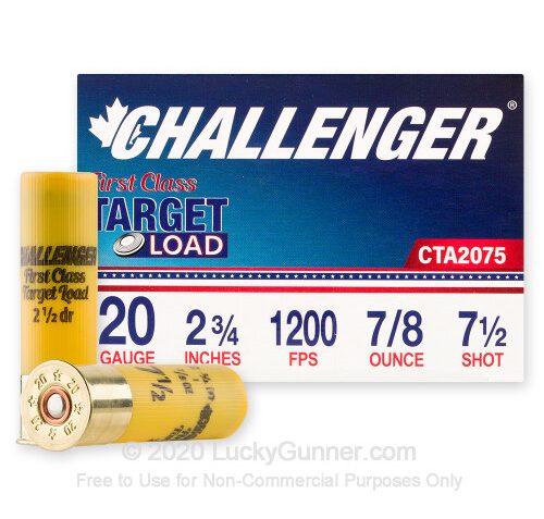 20 Gauge – 2-3/4″ 7/8oz. #7.5 Shot – Challenger – 250 Rounds