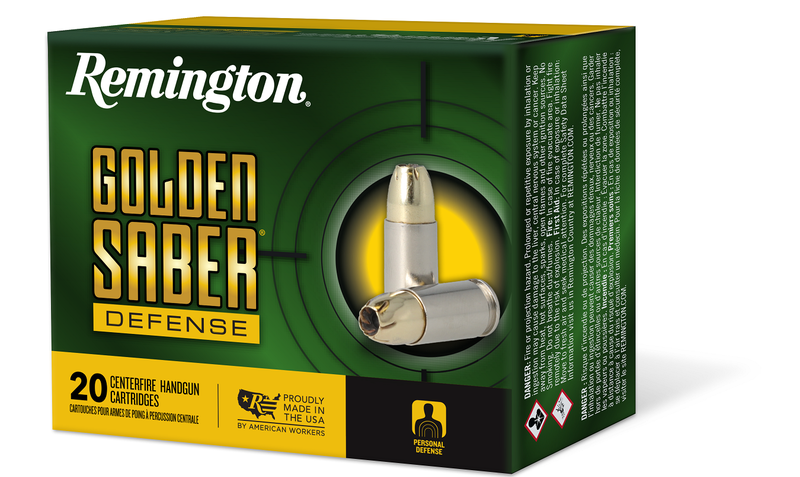 Remington Golden Saber Defense 45 Auto +P 185 Grain Brass Jacketed Hollow Point Nickel-Plated Cased Pistol Ammunition, 20 Rounds, 27611