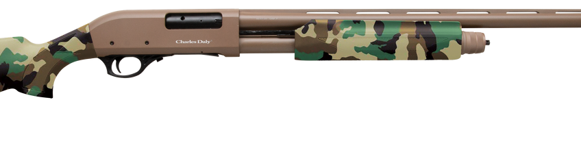 Charles Daly 301 12 Ga, 28" Barrel, 3", Flat Dark Earth Metal Finish & Woodland Camo Synthetic Stock, 4rd