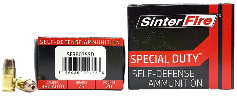 SinterFire Special Duty Self-Defense 380 Auto 75 Grain Brass Cased Pistol Ammo, 20 Rounds, SF38075SD