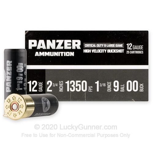 12 Gauge – 2-3/4″ 9 Pellets 00 Buck – Panzer – 25 Rounds