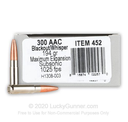 300 AAC Blackout – 194 Grain Maximum Expansion – Underwood Subsonic – 20 Rounds