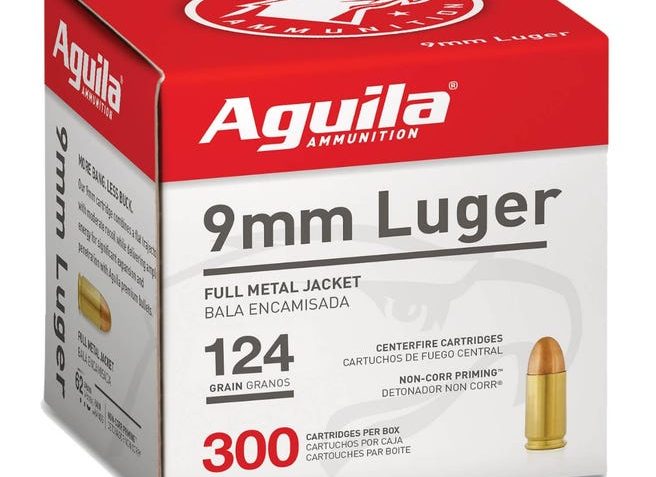 Aguila Ammunition 9mm Luger 124 Grain Full Metal Jacket, Brass Case, Pistol Ammo, 1115 ft/s, 300 Rounds, 1E092108