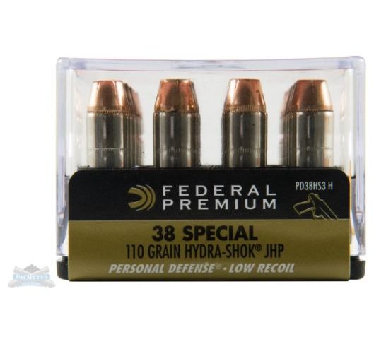 Federal Premium Personal Defense Hydra-Shok Low Recoil 38 Special 110 Grain Jacketed Hollow Point Centerfire Pistol Ammunition, 20 Rounds, PD38HS3 H