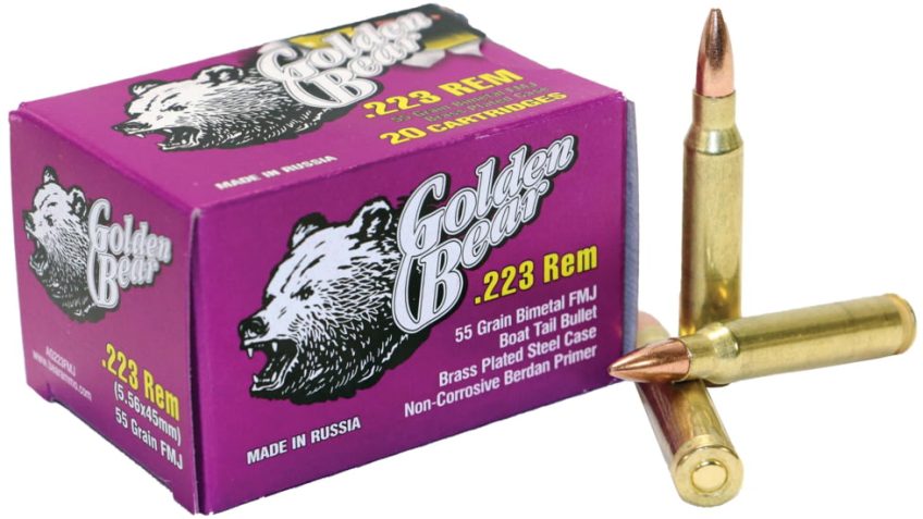 Bear Ammunition 223 Remington 55 Grain Full Metal Jacket Brass Plated Steel Case Centerfire Rifle Ammo, 20 Rounds, AG223FMJ