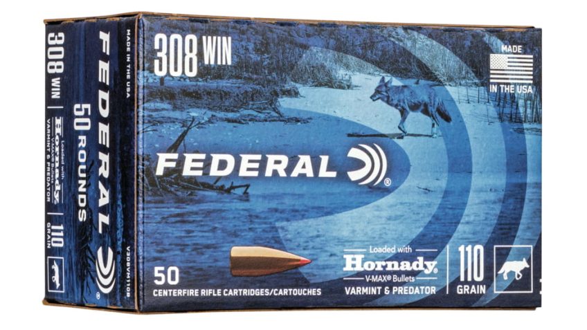 Federal Premium Varmint & Predator 308 Win 110 Grain Hornady V-Max Bulk Brass Cased Centerfire Rifle Ammunition, 50 Rounds, V308VM110B