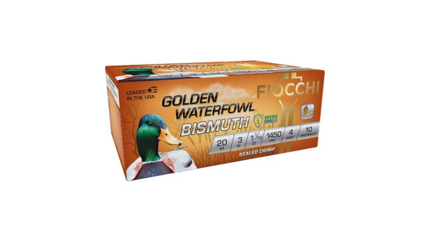 Fiocchi Golden Bismuth 20ga 1-1/16oz 3in 1250fps 4 Shot Centerfire Shotgun Ammunition, 10 Rounds, 203GB4