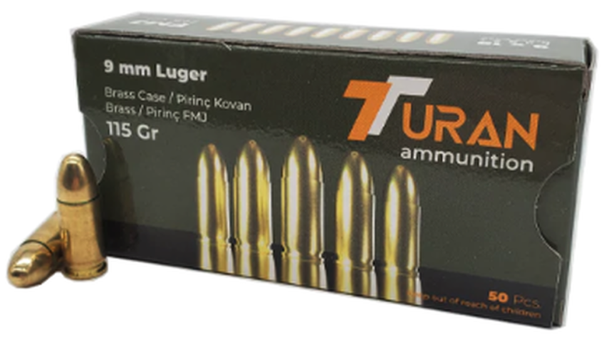 Turan 9mm 115 grain FMJ Case of 1000 Rounds Bulk (Brass Case)