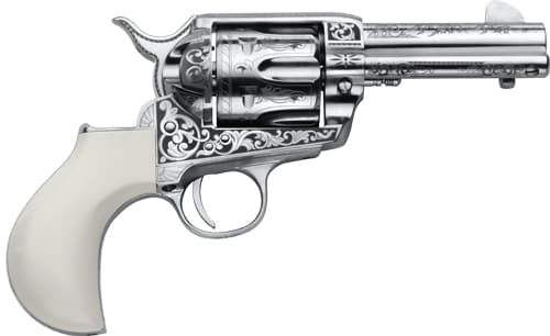 Cimarron Pp346huckeng Huckleberry  45 Colt (Lc) 6 Shot 3.50" Nickel Engraved Barrel, Cylinder & Frame, White W/"Huckleberry" Engraved ON The Backstrap Grip